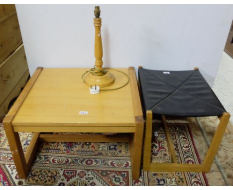 Pine lamp table with rectangular top, oak table lamp & Black leather topped foot stool by (Wycomb) (3)