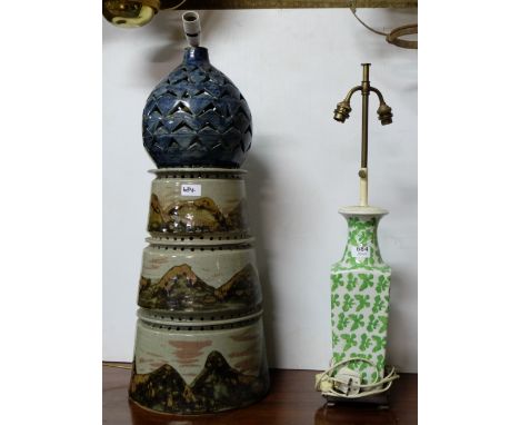 2 Electric Table Lamps – 4-tier terracotta lamp, painted with Chinese mountain scenes & 1 painted with green butterflies (2)