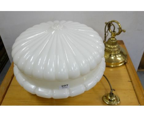 2 white opalene glass ceiling light shades, 1 with circular brass rim and chain  