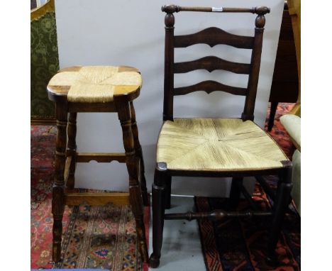 Elm Country Chair, ladder back with rush seat & a pine bar stool with rush seat, round legs (2) 