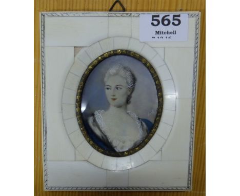 Oval Pastel Miniature Portrait of Victorian Lady, wearing a blue dress with lace collar, in a piano ivory frame (1 piece of f