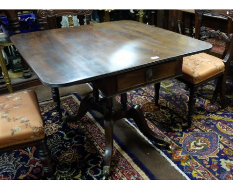 Regency Mahogany Pembroke Table, with a drawer on one end and a faux drawer on the other and folding sides, 38” square (exten