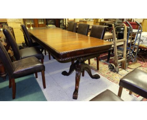 Mahogany Extension Dining Table, rope edges, on twin pillar base with paw feet, 92”long x 42”w