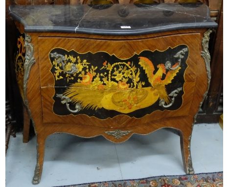 Serpentine front French Commode/Chest, with black marble top, over 2 drawers with gilt handles, the front panels painted with