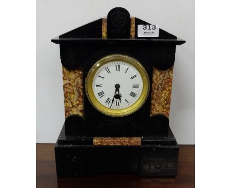 Edwardian Black Slate Mantle Clock with red marble columns, white dial, 30.5”h