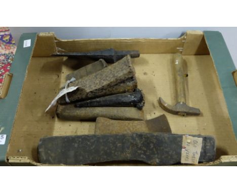 Box of Carpenter’s Tools – incl. 2 timber axe heads, 6 wood splitting wedges (1920 etc) & 1 hammer etc (9)