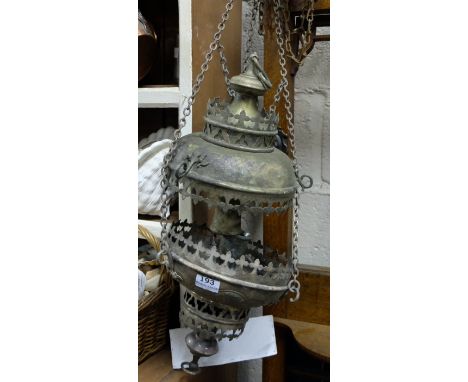 Church Sanctuary Lamp, silver plated 1890 & circular brass church stand, inset with glass beads (2) 