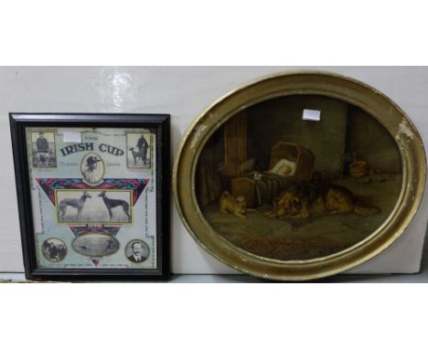 “The Irish Cup” Greyhound Print 1922 at Limerick & oval framed lithograph – portrait of baby in cradle beside 2 dogs (2)