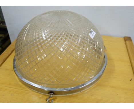 Cut Glass Ceiling Light Bowl, with chrome top rim, & chain, 16” wide