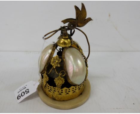 19thC gilded table bell, with 3 oval mother of pearl surrounds, mounted with dove, on round alabaster base,  4”w x 6”h