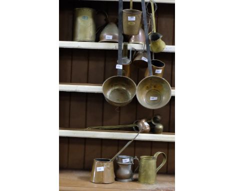 Pair of Victorian round copper ladles with metal handles & a group of later ladle tins 
