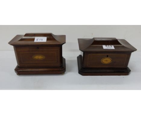 2 similar Regency Mahogany Teapoys - 1 lined with tin on round brass feet 7”w x 6”h with shell inlay & 1 velvet lined, with i