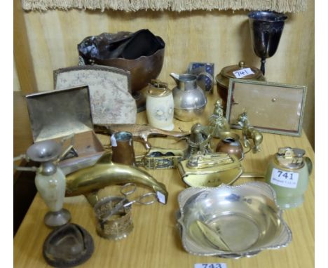 Shelf of brass and copper ornaments, incl. figures of animals etc & 3 cigarette lighters etc