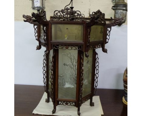 Japanese Ceiling Light Shade, with elaborate fretwork borders, the glass panels painted with figures of Japanese lady’s in tr