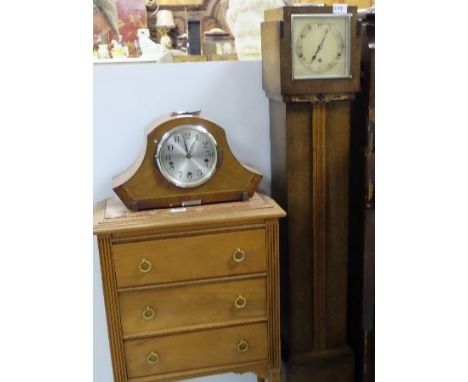 Oak cased mantle clock & oak cased Grandmother Clock, cream dial – both with Westminster Chimes (2)