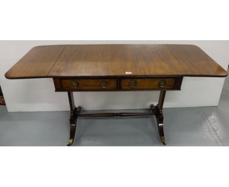 Late 19thC Mahogany Sofa Table, with 2 frieze drawers and folding side flaps, on a turned stretcher and pair of side supports