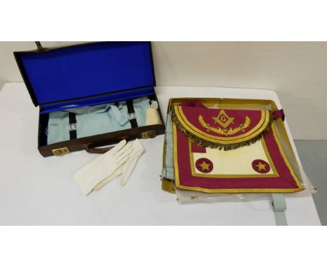 Masonic regalia, including a satchel, sash, gloves etc In original cardboard box by Toye, Kenning & Spencer Ltd & a brown lea