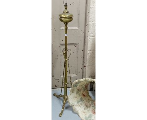 Brass Standard Oil Lamp, on a tripod base of sabre legs, 64”h (was electrified, not wired now), also a floral lamp shade