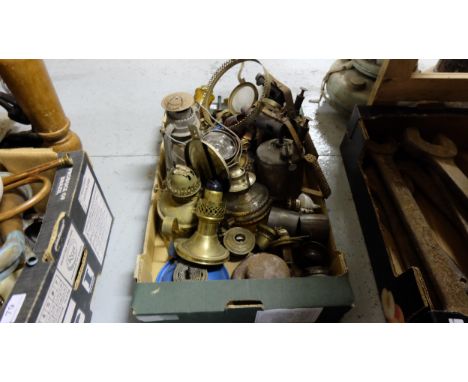 Box of old lamp parts, 2 blow torches, 3 storm lanterns etc