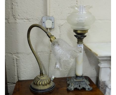 2 x 19thC table lamps (electrified) – 1 brass with flexible stem and glass shade and 1 onyx based oil lamp with scrolled bras