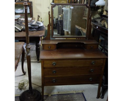 Edw. Inlaid Mahogany Dressing Table, with swivel mirror back, 2 gallery drawers over 3 long drawers & mahogany standard lamp 