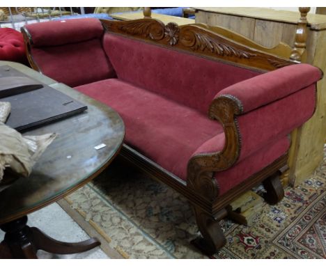 Carved walnut-framed Sofa, with scrolled arms, on 4 turned feet, covered with red velvet, 92”w x 39”h 