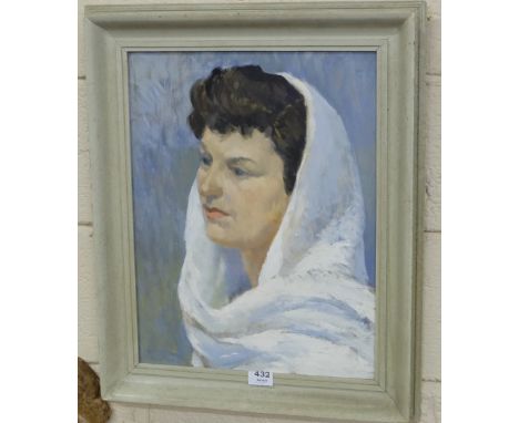 Oil on Board, portrait of a woman wearing a white headscarf, artist unknown, possible P Leonard, 232h x 20”w