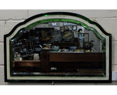 Art Deco Wall Mirror, the shaped outer dark green rim bordered by a cream painted panel and a lighter green rim, bevelled gla