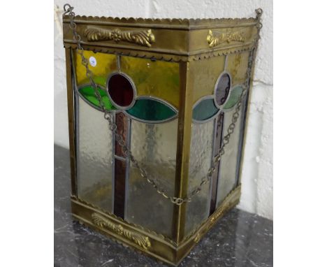 Edwardian Brass Framed Hall Lantern, with coloured leaded glass inserts, 12”h
