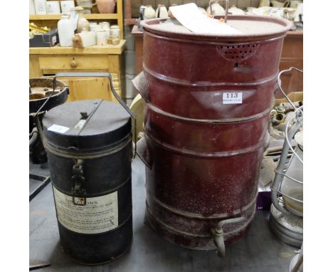 WWII Oil recycling barrel (painted red) & Pyrex lined food flask (2)