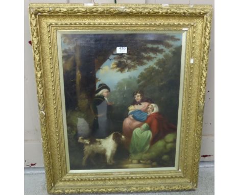 19thC Irish Oil on Canvas – portrait of a family group with young baby and pointer dog, in elaborate moulded frame, 27”w x 30
