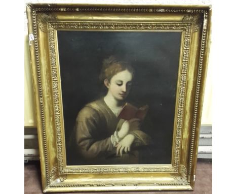19thC Portrait of Young Woman wearing a brown cape, reading a book, signed indistinctly lower left (Corregio?), 34”w x 38”h