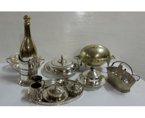 Shelf of Silver Plate Items incl. 2 warming dishes, entrée dish, plated bottle in wine stand etc