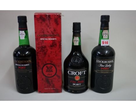 Three various bottles of port, comprising: a 75cl Cockburn's Fine Ruby; a 75cl Cockburn's Special Reserve, in card box; and a
