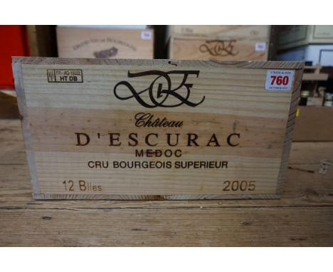 A case of twelve 75cl bottles of Chateau d'Escurac,&nbsp;2005, Cru Bourgeois Superieur Medoc, in owc. (12) PLEASE NOTE: ADDIT
