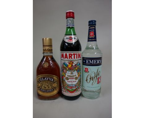 A 68cl bottle of Glayva Scotch Liqueur; together with a 75cl bottle of Emery Ouzo 13; and a 1 litre bottle of Martini Rosso. 