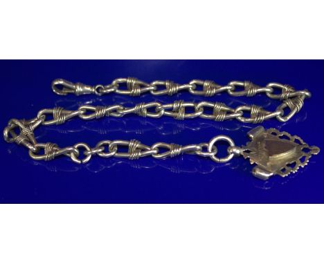 Solid Silver Albert Chain With Fob, Fancy Links With Entwined Wire Detail All Stamped With Lion Hallmark, Date Mark S For Bir