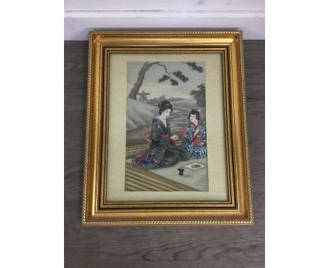SET OF FOUR JAPANESE GOUACHE PAINTINGS,three depicting bijin and the fourth a gentleman with sword, all framed and under glas