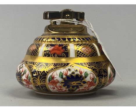 GROUP OF ROYAL CROWN DERBY CERAMICS,including coffee cans, table lighter, cup and saucer, lidded pin dish and bowls
