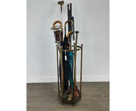 BRASS STICK STAND,containing sticks, golf clubs and umbrellas