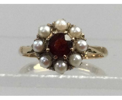 GARNET AND PEARL CLUSTER RING,set in nine carat gold