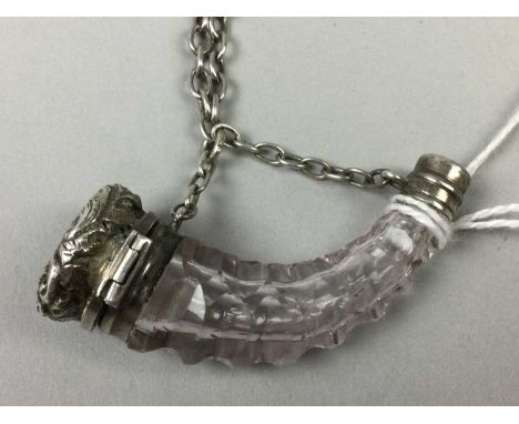 WHITE METAL UNMARKED CUT GLASS CORNUCOPIA SCENT BOTTLE,along with a chain stamped Sterling and a patch box stamped 835 (2)