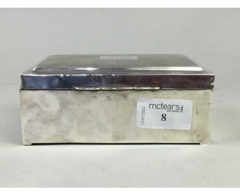 SILVER CIGARETTE BOX,Birmingham marks, with engine turned cover, engraved initials, 13cm wide