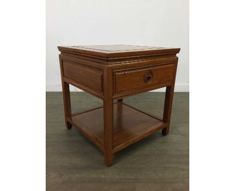 PAIR OF CHINESE HARDWOOD LAMP TABLES,each with single drawer, 56cm high, 51cm wide by 51cm deep
