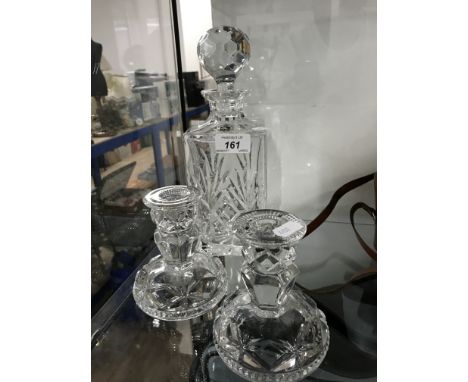 CRYSTAL DECANTER , 2 CANDLE STICKS