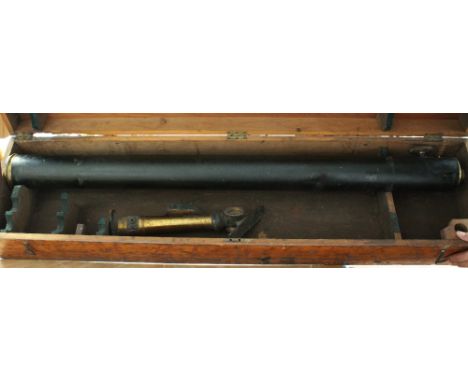 A Browning Broadhurst mid-20th century telescope, lacking tripod stand, in Iroko carrying case, width 126cm.