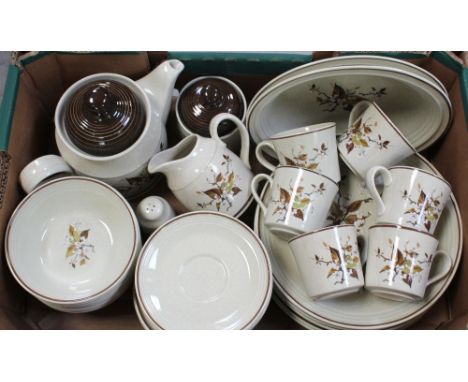 A Doulton 'Wild Cherry' part dinner and tea service comprising eight dinner plates, two vegetable bowls, six cups, eight sauc