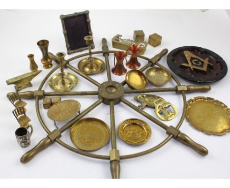 A brass scratch-built ship's wheel and assorted copper and brass items including candlesticks, vases and other ornaments, als