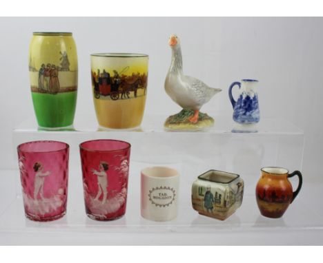 A small selection of ceramics and glass to contain a Doulton series ware vase with scenes of windmills and boatmen, height 12