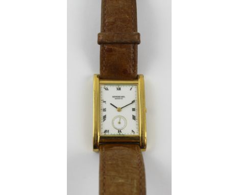 Raymond Weil; an 18ct gold electroplated Quartz tank watch, the square dial set with Roman numerals and subsidiary seconds di